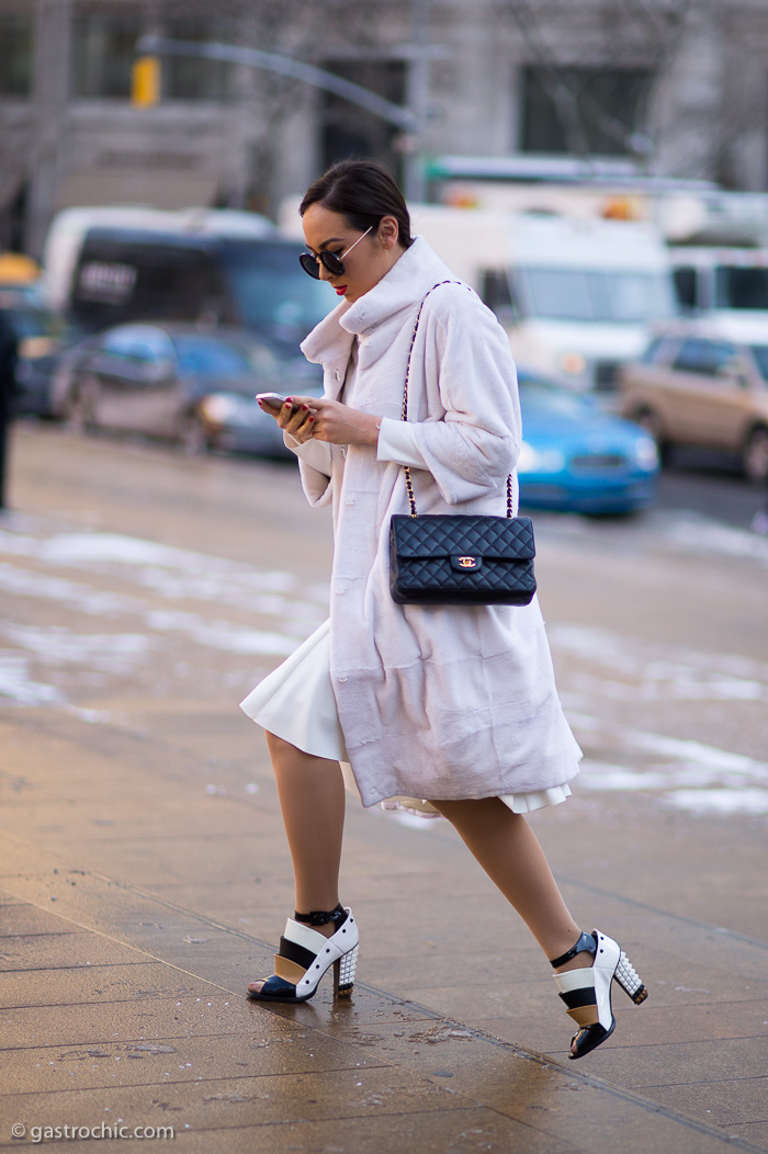 Pale Pink Coat and Fendi Shoes, Outside Carolina Herrera