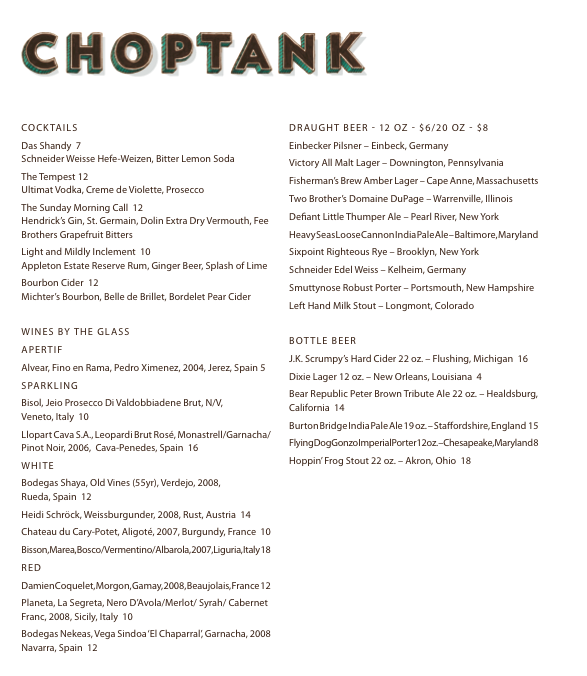 Choptank Cocktail Menu Choptank Cocktail Menu