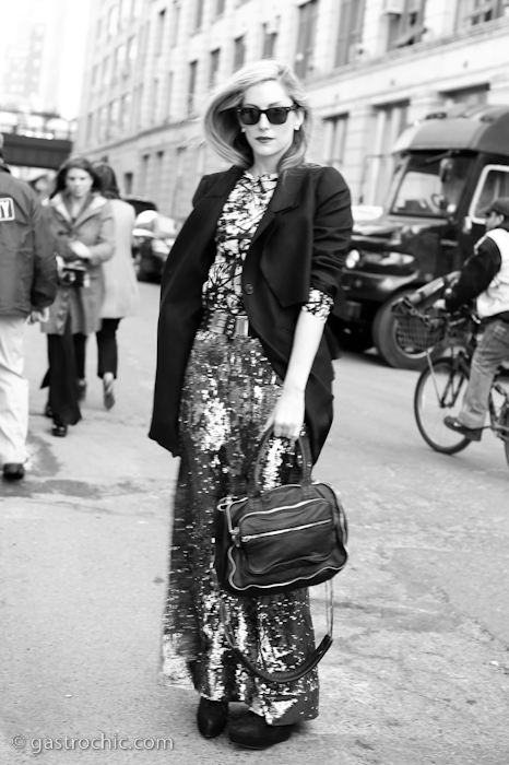 Joanna Hillman in a Sequined Skirt, Outside Donna Karan