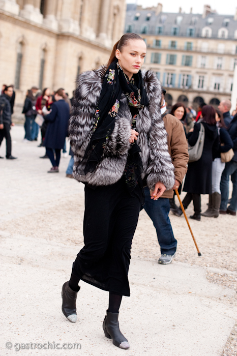 Karmen Pedaru in a Fur Coat, Exiting Louis Vuitton