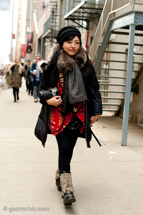 Photographer in a Southwestern Print, Outside Donna Karan