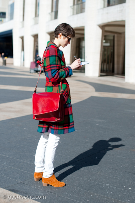 White Jeans and Plaid Coat, Outside BCBG