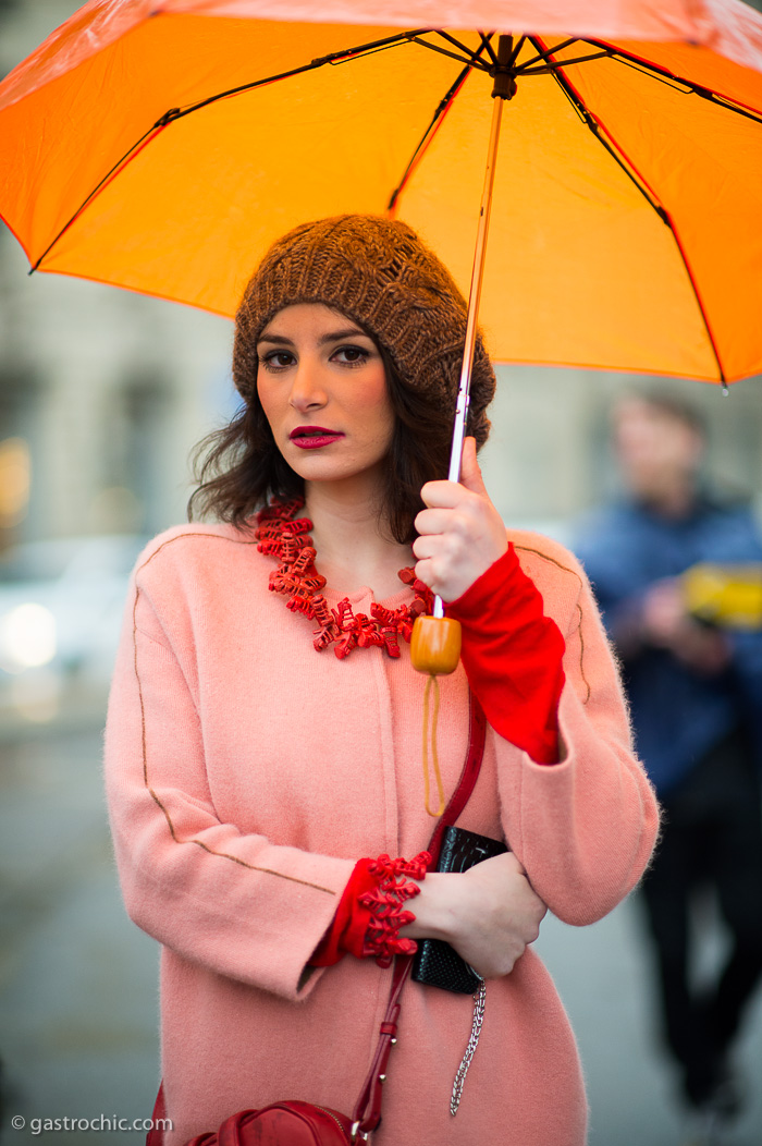 Pink Coat and Orange Umbrella, Outside Gucci