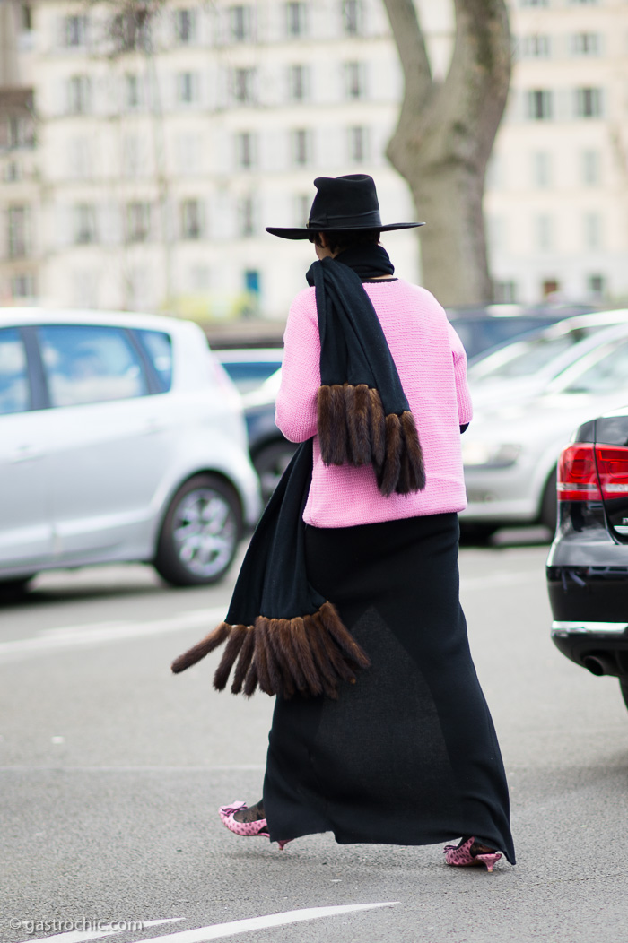 Black Hat and Fur Fringe Scarf, Outside Dries Van Noten