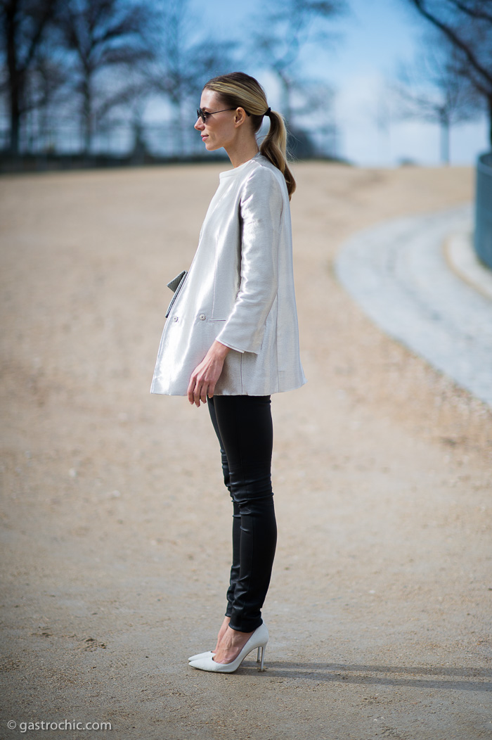 White Silk Jacket and Black Pants, Outside Issey Miyake