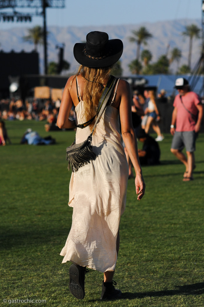 Gaucho Hat and White Silk Dress, Coachella 2015 Day Two