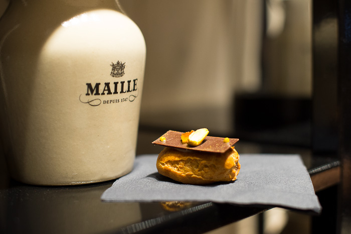 Chocolate Eclairs with Maille Mustard with White Wine, Pistachio